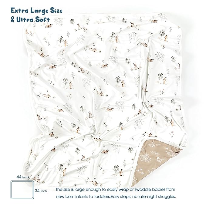 GRSSDER Baby Blankets Super Soft Stretchy Jersey Swaddle Blanket 2 Pack for Baby Boys, Double Layer Reversible Receiving Blankets 34 x 44, Extra Large for Swaddling, Cute Duck & Rabbit