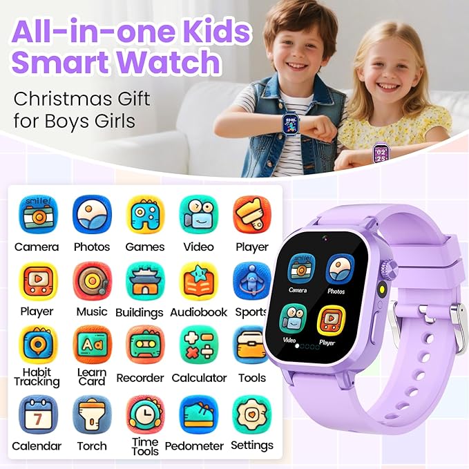 Waterproof Smart Watch for Kids Girls Ages 5-12 with 39 Games, HD Camera, Video, Music, Habit Tracking, Alarm, Pedometer, Kids Smart Watch Chrismars Birthday Gift for Girls Age 5 6 7 8(Purple)