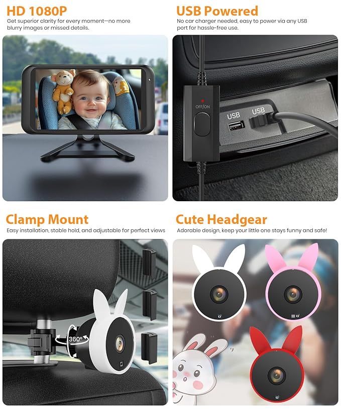 Babyvue USB Car Camera for Baby : 4.5" Baby Car Camera with 1080P Crystal Clear Mirror View, Easy Installation Carseat Rear Facing Moitor for Kids, HD IR Night Vision Backseat Monitor