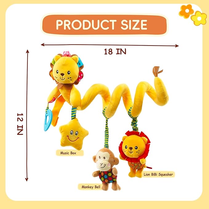 Jollybaby Crib Stroller Car Seat Toys for Baby 0-3-6-9-12 Months, Tummy Time Hanging Sensory Toys for Newborn with Music Box and Teether, Spiral Carseat Toy for Baby Boys Girls Gifts (07-Little Lion)