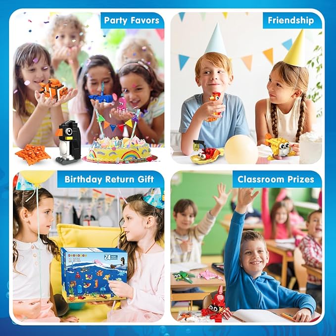 HOGOKIDS 24 Pack Party Favors for Kids Building Set - 629PCS Marine Animals Building Blocks Toy for Goodie Bag Stuffers Classroom Prizes, Valentines Day Easter Birthday Gift for Boys Girls Ages 6-12