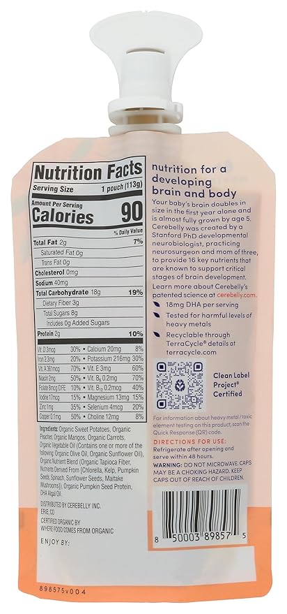 Cerebelly Organic Baby Food Pouches – Organic Sweet Potato Peach Pouch Protein, Healthy Fats, Non-Gmo Baby Food Meals 4 Ounce Bpa-Free Toddler Purees, 1 Count