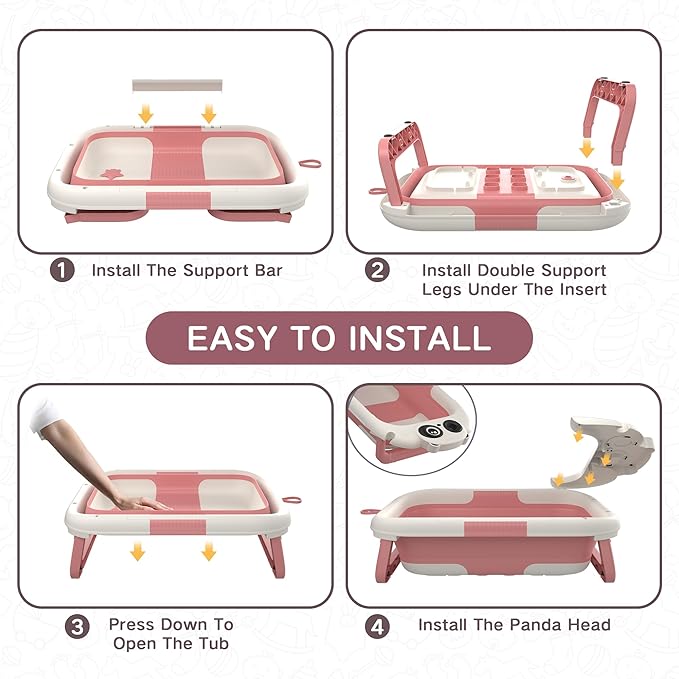 Collapsible Baby Bathtub for Newborn, Baby Bath Tub with Thermometer & Soft Floating Cushion & Drain Hole for Infant to Toddler, Portable Travel Bathtub with No-Slip Feet for 0-36 Months-Pink