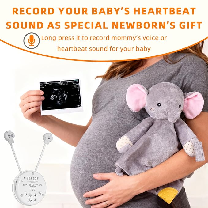 BEREST Elephant Baby Lovey Rechargeable Sleep Soother with 10 White Noises (Heartbeat, Shushing & Lullabies) & Cry Sensor|Timer|Recording|Plush Blanket Comforter Gift for Newborns|Infants|Boys & Girls