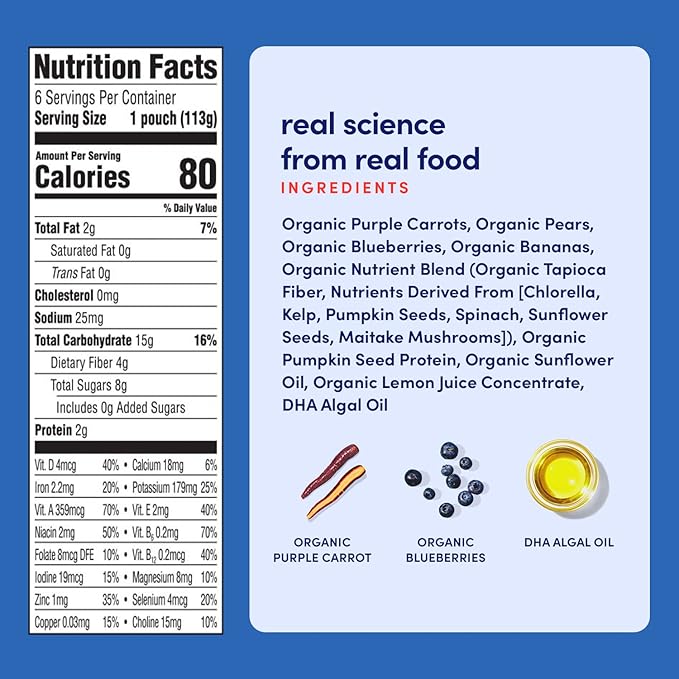 Cerebelly Organic Baby Food Pouches – Organic Purple Carrot Blueberry Pouch Protein, Healthy Fats, Non-Gmo Baby Food Meals 4 Ounce Bpa-Free Toddler Purees, 1 Count