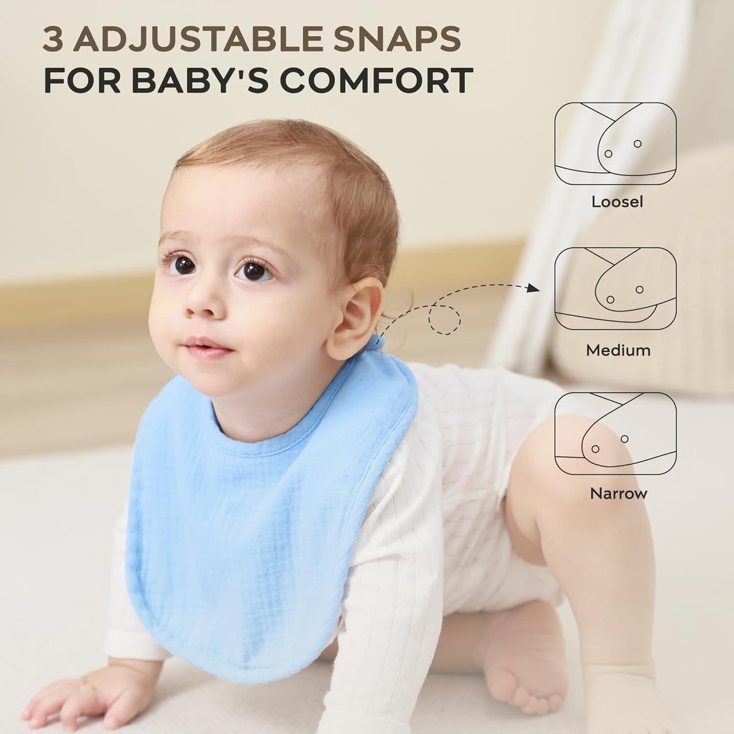 JELLYMONI 8 Pack Muslin Drool Bibs for Babies - Soft Adjustable Bandana Bib with Snaps, Absorbent Unisex Teething Bib for Newborn Girls & Boys