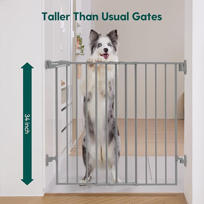Babelio Baby Gate for Stairs & Doorways, 26-43" W 34" H Extra Tall| No Bottom Bar| Easy Installation| One-Handed Operation| Auto-Close| Hardware Mount (Drill Needed) Safety Dog/Pet Gate Indoor (Grey)