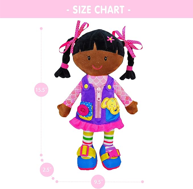 June Garden 15.5" Dressy Friends Scarlett - Educational Stuffed Plush Doll for Kids and Toddlers 2 Years and Up - Montessori Buckle Soft Toy