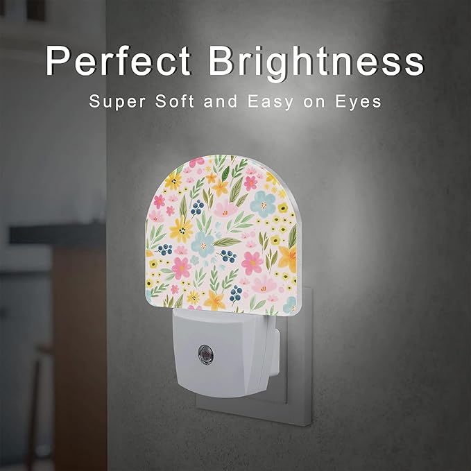 Watercolor Spring Flowers Night Light for Kids,Pink Botanical Leaves Floral Night Light Plug in with Dusk to Dawn Sensor,0.5w Energy Saving Nightlight for Hallway Stairway Kitchen Bedroom