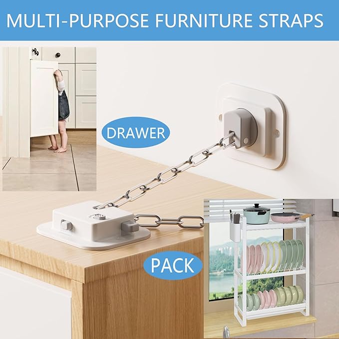 YEYA Upgraded Anti-Tip No Drill Furniture Anchor with 3M Adhesive 10" Adjustable Straps, Baby Proofing Wall Anchors for Child Safety, Playroom Essentials 2P