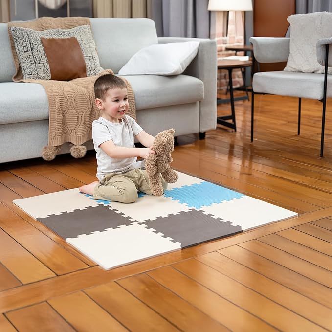 MioTetto Baby Play Mat, Comfortable Tummy Time Mat – Portable Foam Floor Tiles, Safe baby mat for floor for Crawling & Development, Soft play mat for babies 0-6 months, Stylish interlocking foam tiles
