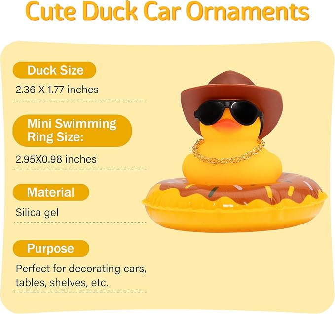 wonuu Car Rubber Duck, Yellow Duck Decoration Dashboard with Sun Hat Swim Ring Necklace Sunglasses for Car Dashboard Decorations