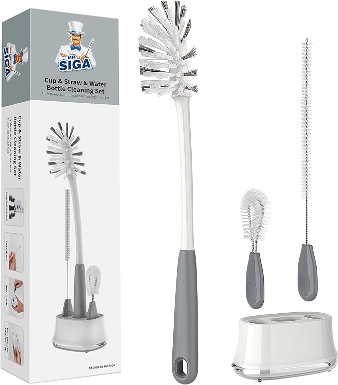 MR.SIGA Water Bottle Brush Cleaning Set with Storage Holder, Cleaning Brushes for Tumbler, Straw, Baby Bottles, Drinking Glasses
