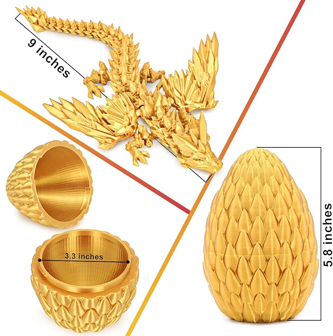 3D Printed Dragon Eggs with Articulated Fly Dragon Inside, Collectible Figurines Fidget Toy for Adults Kids Birthday Easter Christmas White Elephant Gifts for Friends Colleagues(Gold, M size)
