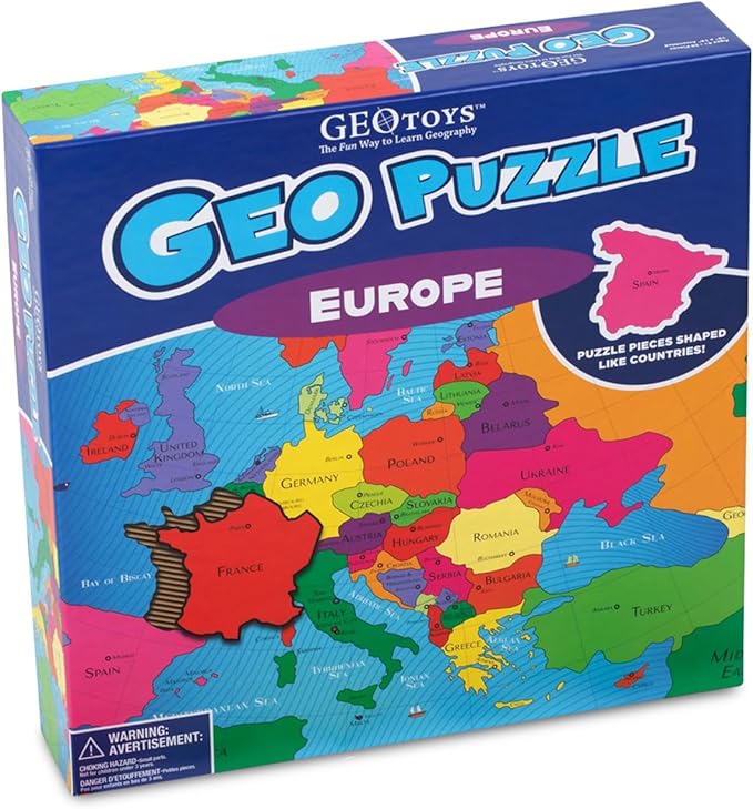 GeoToys GeoPuzzle, Europe Shaped Jigsaw Puzzles, 58 Pc Geography Puzzle, Geography Game & Map Puzzle - Jigsaw Puzzles for Kids Ages 6-9 Years Old