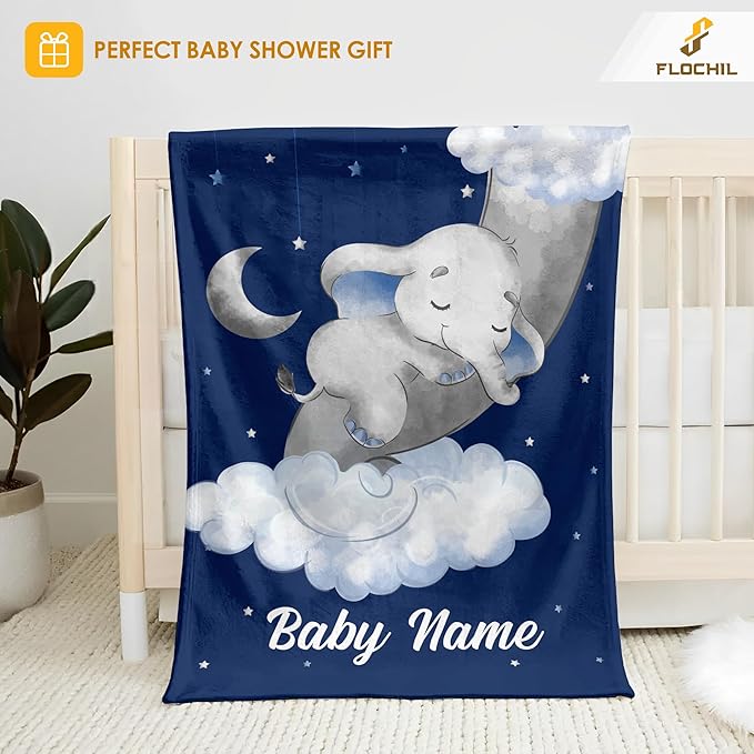FLOCHIL Personalized Blanket with Name – Custom Fleece Blanket for Boys, Newborn Gift, Elephant Design (30x40) (Elephants 4)