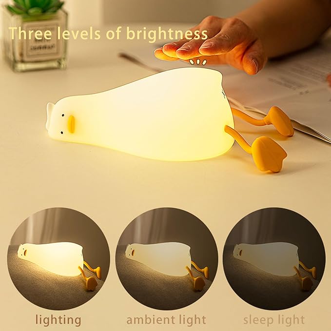 Lying Flat Duck Night Light,Three Level Dimmable Touch Control LED Silicone Duck Lamp, Rechargeable Soft Lights for Bedside Decor
