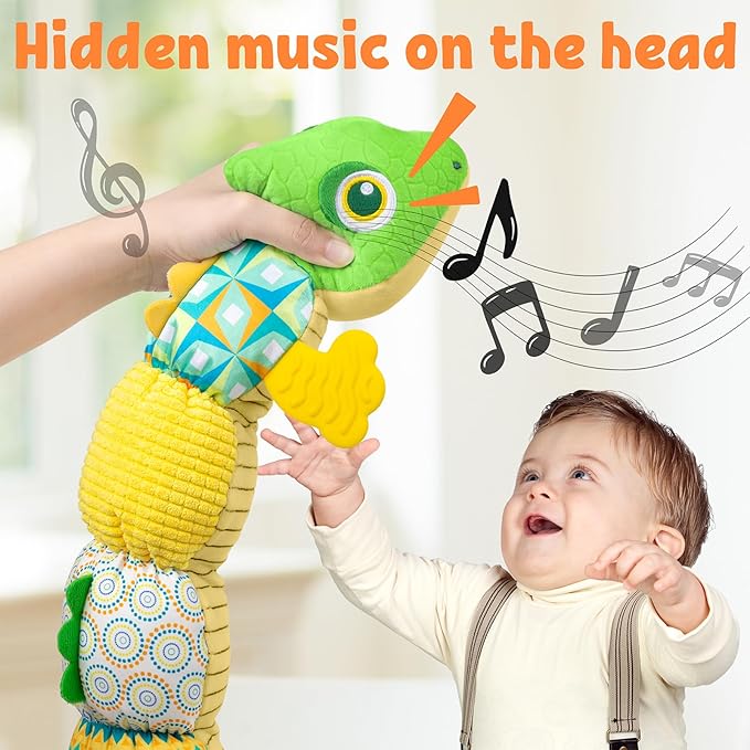 LIGHTDESIRE Baby Toys Musical Dinosaur,Infant Stuffed Animal Toys with Crinkle and Rattles,Soft Sensory Toys with Textures for Tummy Time Newborn Boys Girls 0 3 6 12 Months(Green)