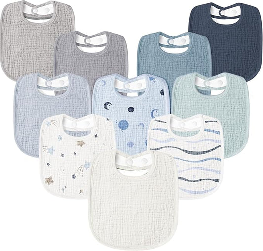 Susurration Muslin Baby Drool Bibs 10Pack Soft Square Adjustable Bandana Bibs for Unisex Baby Girls & Boys