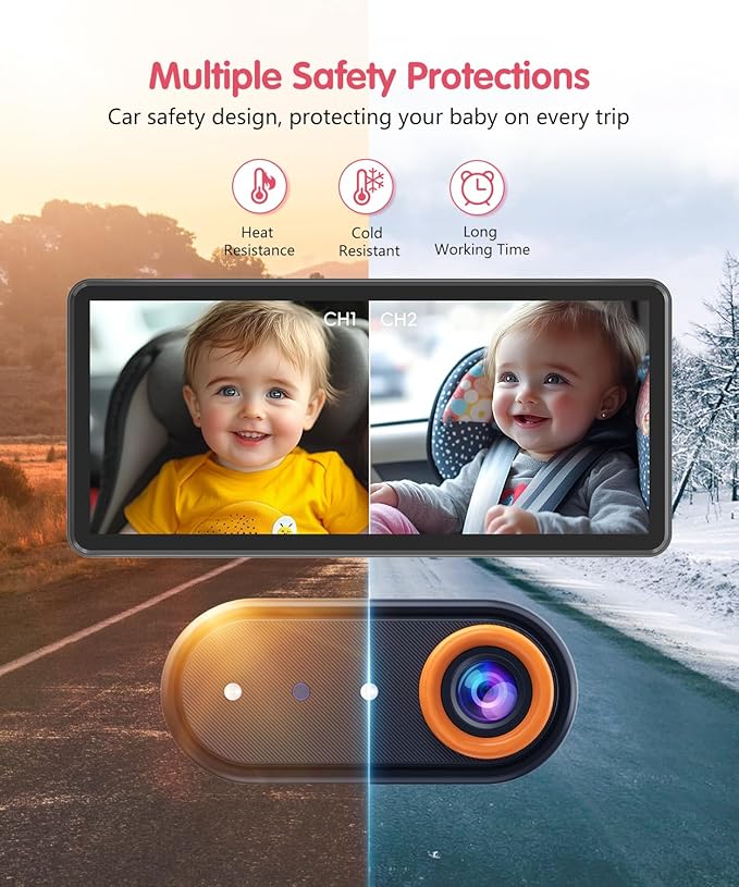 BM5PRO 7.2" 1080P HD Baby Car Camera for 2 Kids, Split Screen with IR Night Vision, Easy to Install & Adjust Brightness, Dual Car Camera Baby Monitor for Rear Seat Safety