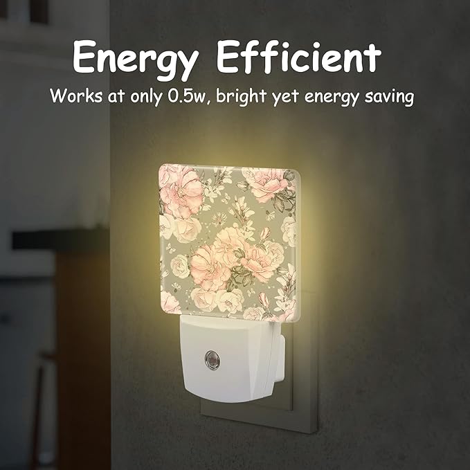 Night Light Plug Wall,Pink Flowers and Grey Leaves LED Night Lights with Dusk to Dawn Light Sensor for Women Girls Boys Room Decor,Hallway,Kitchen,Bathroom,Nursery,Stairs