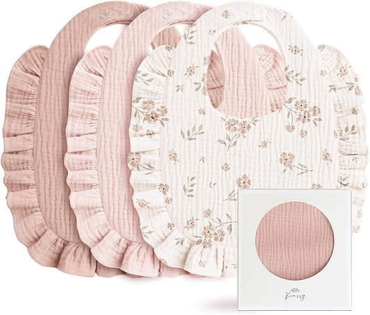 Konssy Muslin Baby Bibs for Girls – Soft 100% Cotton Drool Bibs, Ruffle Trim for Newborns & Toddlers 0-36 Months 3-Pack