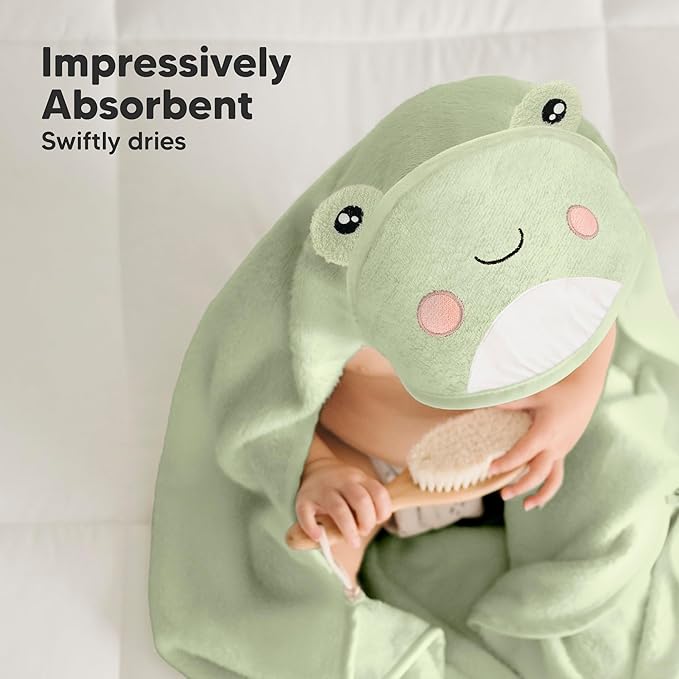 KeaBabies Hooded Baby Towel for Newborn - Viscose Derived from Bamboo Large Baby Bath Towels with Hood for Boys, Girls, Toddler, Extra Absorbent & Soft Newborn Bath Essentials (Frog, Regular)