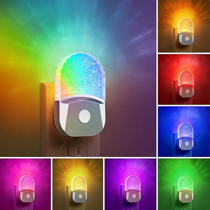 DORESshop 8-Color RGB LED Night Lights Plug Into Wall [2 Pack], Color Changing RGB LED Night Light with Dusk to Dawn Sensor for Bathroom Decor, Chrome Cover