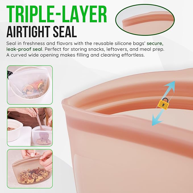 Premium Platinum Silicone Reusable Food Storage Bag 6.3 Cup (53 fl oz), Airtight Zip Lock Bags for Food, BPA-Free Silicone Freezer Bags, Microwave Safe Sous Vide Container, White