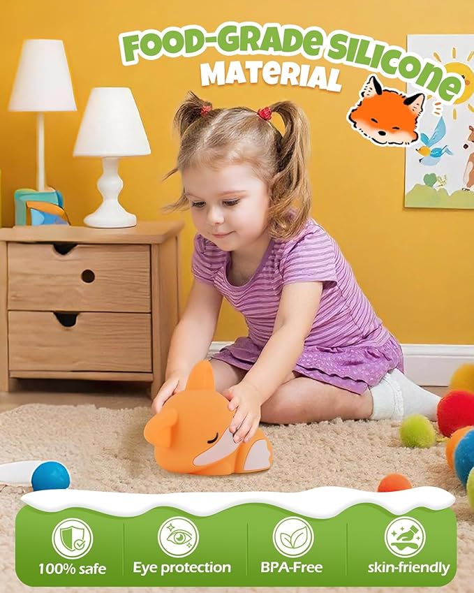 Cute Fox Night Light, Animal Lamp, Food Grade Silicone, Rechargeable, 2 Level Dimmable, Squishy Nursery Nightlight for Desk Decor, Funny Gifts Stuff for Boys Girls Baby, White Elephant Gifts
