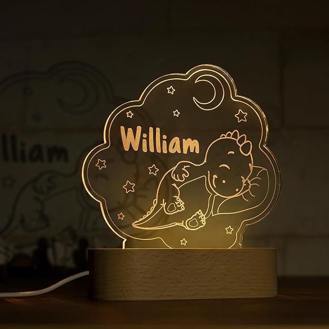 Night Light for Kids Room Personalized, Nursery Room Decor, Custom W/Name, Bedside Lamp, Birthday Gifts for Boys and Girls, Dinosaur