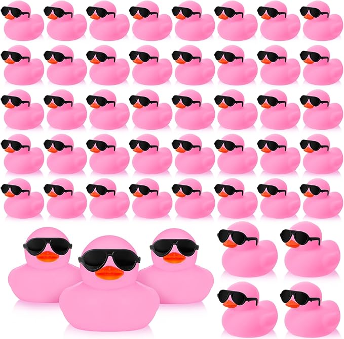 Sosation 48 Pack Mini Rubber Ducks with Sunglasses Sets Squeaky Bath Toys Float Bathtub Duckies for Little One Birthday Party Favors Class Carnival Prizes Car Decor(Pink)