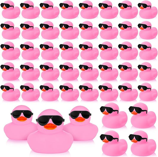 Sosation 48 Pack Mini Rubber Ducks with Sunglasses Sets Squeaky Bath Toys Float Bathtub Duckies for Little One Birthday Party Favors Class Carnival Prizes Car Decor(Pink)