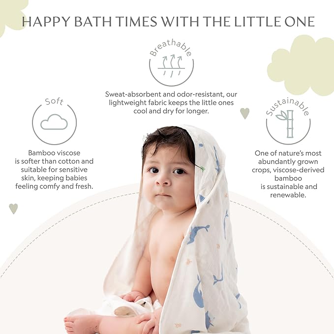 Bamboo Viscose Baby Hooded Towel & Washcloth Set for Babies and Toddlers, Soft & Absorbent, 70% Viscose from Bamboo, 30% Cotton Muslin - Imported (Whale)