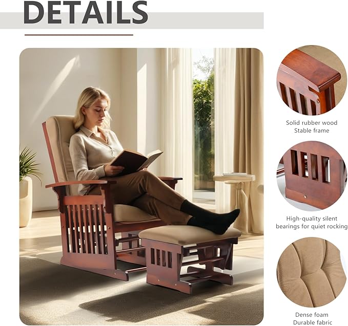 Solid Wood Rocking Glider Chair with Ottoman Cushion Set, Antique Rocking Chair with Arm Rest for Nursery Living Room Bedroom, Brown Yellow