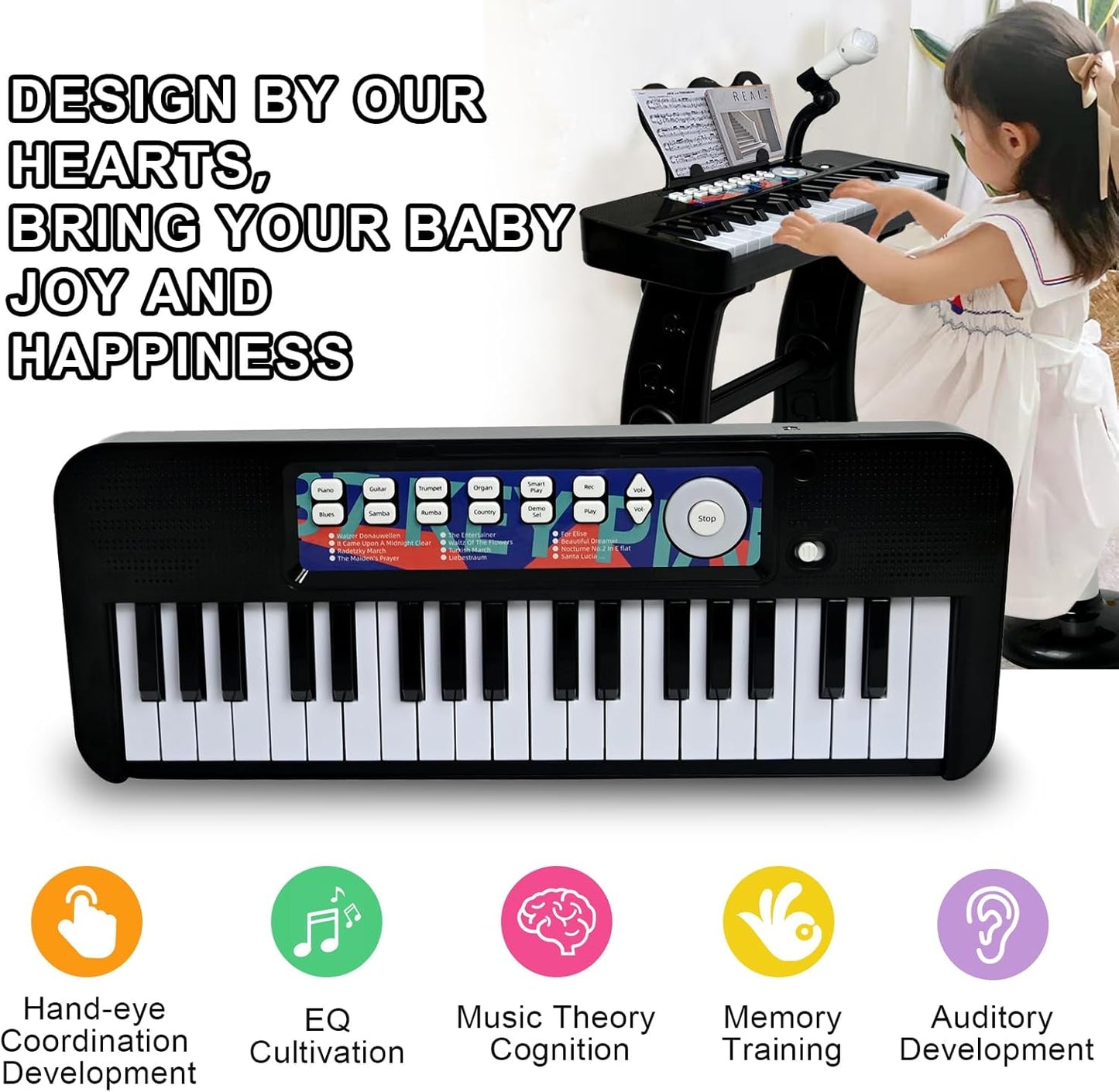 Love&Mini Piano Toy for Kids - 37 Keys Piano Keyboard Toy with Stool and Microphone, Black Electronic Musical Instrument Birthday Gift for Kids 3 4 5 6 7 8 Years Old Boys and Girls