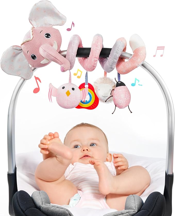 Jollybaby Crib Stroller Car Seat Toys for Baby 0-3-6-9-12 Months, Tummy Time Hanging Sensory Toys for Newborn with Music Box and Teether, Spiral Carseat Toy for Boys Girls Gifts (11-Sz Pink Elephant)