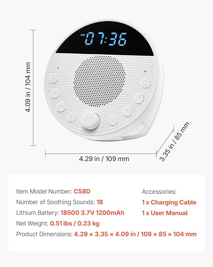 VEVOR Sound Machine, 18 Soothing Sleep Sounds, 7-Color Night Light, 6-in-1 White Noise Sound Machine with Dual Alarms, APP, Auto-Off Timer and Memory Function, for Baby, Adults, Home, Office & Travel