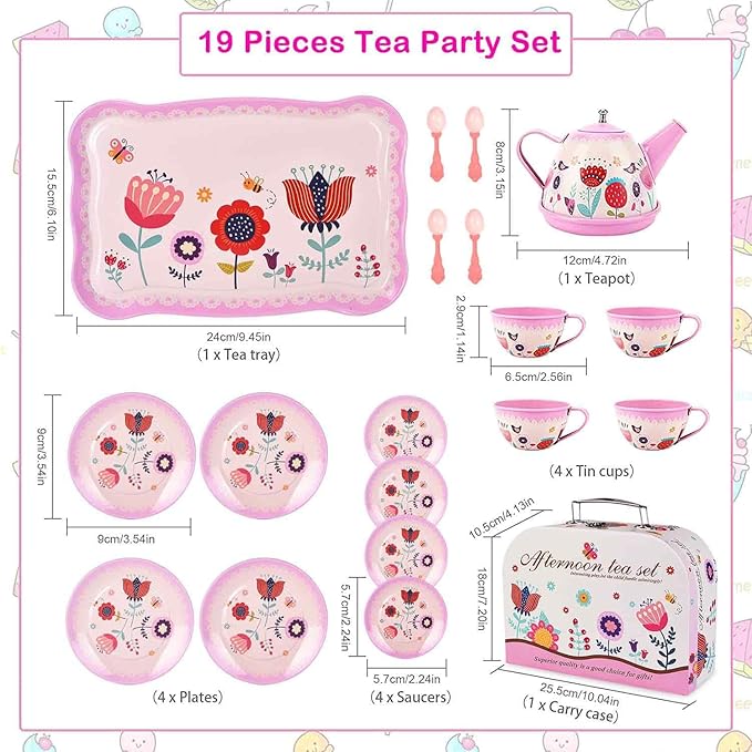 Pretend Play Tea Set for Little Girls, Gift for Age 3-8, Flower Themed, 19 PCS