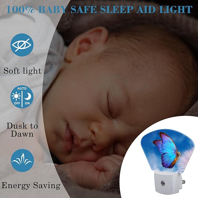Beautiful Blue Butterfly Night Light, Dandelion Nightlight Plug into Wall with Dusk to Dawn Sensor for Kid Girls Boys Women Men Bedroom, Hallway, Kitchen, Bathroom, Stairs Decor
