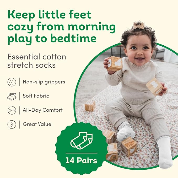 Fruit of the Loom Baby 14-Pack Grow & Fit Flex Zones Cotton Stretch Socks - Unisex, Girls, Boys