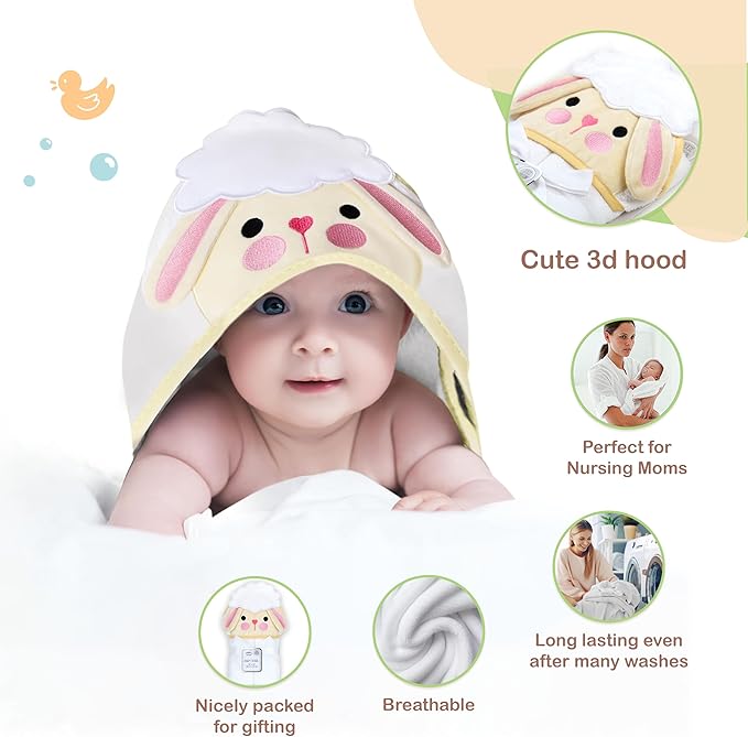 Mother's Choice Baby Hooded Towel - Large Size Cotton, Ultra-Soft & Absorbent Bath Towel for Newborns, Infants, Toddlers, Boys & Girls with Animal Hood (Sheep)