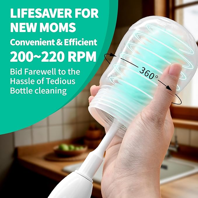 Electric Bottle Brush Cleaner New Upgrade, Portable Electric Baby Bottle Brush Cleaner for Travel, Travel Bottle Cleaner Kit with Nipple & Straw Brush, Perfect Mom Essentials After Birth Gift, Green