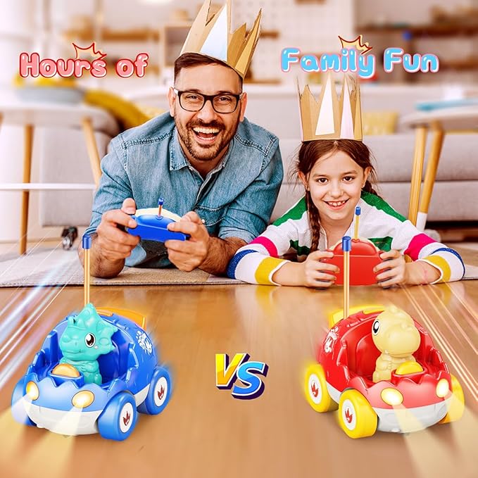 2 Pack Dinosaur Remote Control Cars Toys for Kids 2 3 4 5 6 Years Old, Christmas Birthday Gifts for Boys and Girls Ages 2-6, Dino Race Car Toddlers Toys with Music and Light(Red Blue)