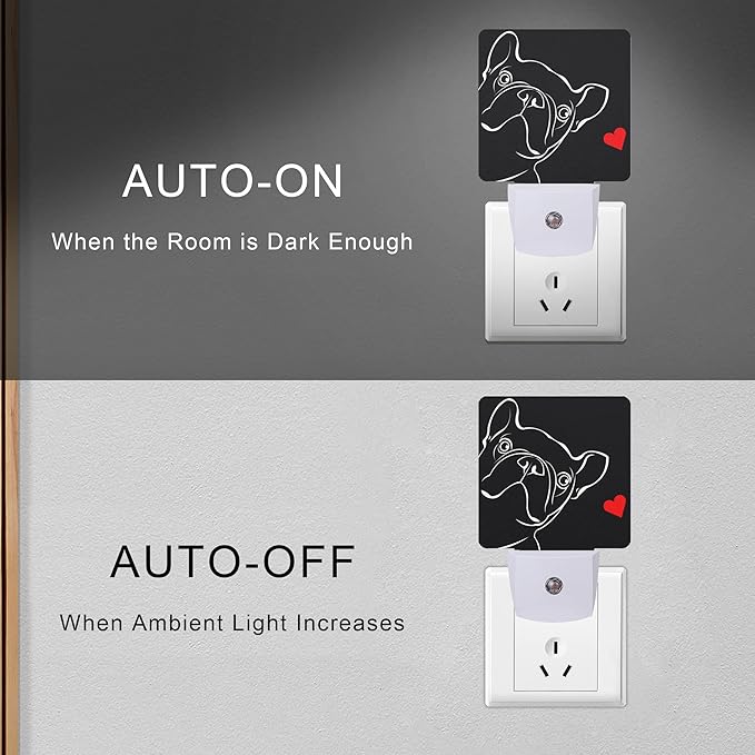French Bulldog Dog red Heart Night Light Plug-in LED Nightlights Auto Sensor Night Lamp Dusk-to-Dawn Lamp Home Decor for Nursery Children Girls Boys
