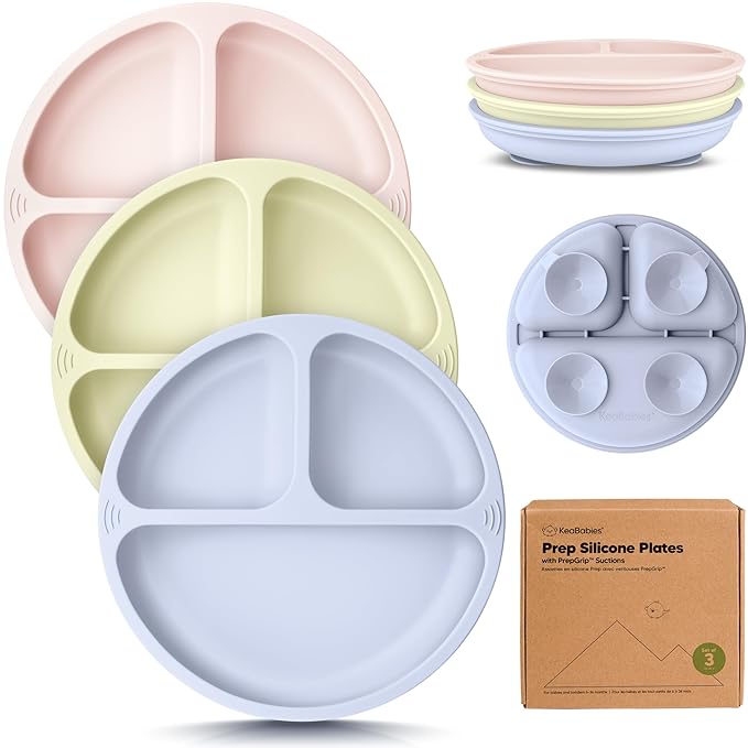 KeaBabies Suction Plates for Baby, Toddler - 3-Pack 100% Silicone Toddler Plates with Suction, Divided, BPA-Free Baby Led Weaning Essentials for Kids, Dishwasher, Microwave Safe, Durable (Rain)