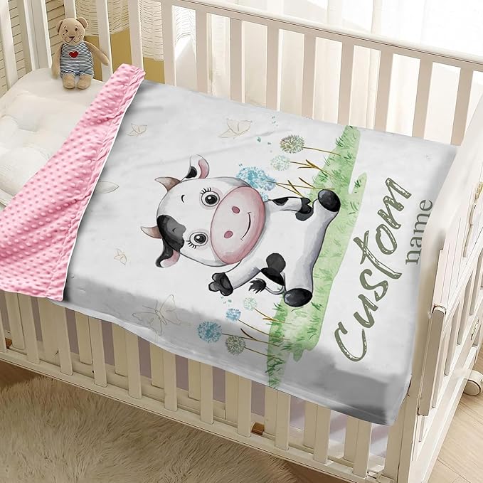 Personalized Baby Blanket for Boys, Custom Name Baby Blanket with Cars, Soft Flannel with Double Layer Dotted Backing, Receiving Swaddle Blankets for Infants and Toddlers, Cow Design