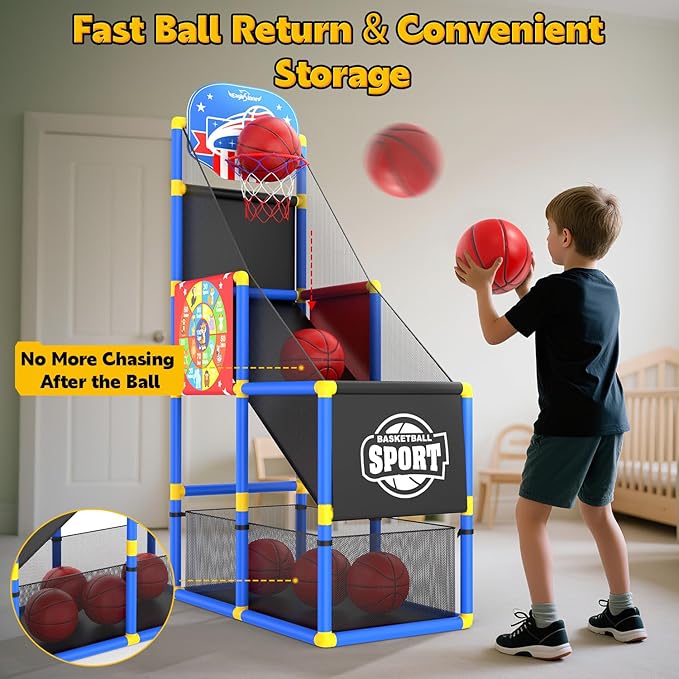 EagleStone 2-in-1 Kids Arcade Basketball Hoop with Dart Board,4 Balls Adjustable Height Basketball Toy Indoor Outdoor Carnival Games Gift for Boys Girls Toddlers Ages 3-12 Years Old,Pump Included