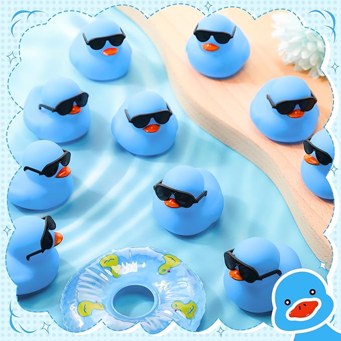 Sosation 48 Pack Mini Rubber Ducks with Sunglasses Sets Squeaky Bath Toys Float Bathtub Duckies for Little One Birthday Party Favors Class Carnival Prizes Car Decor(Blue)