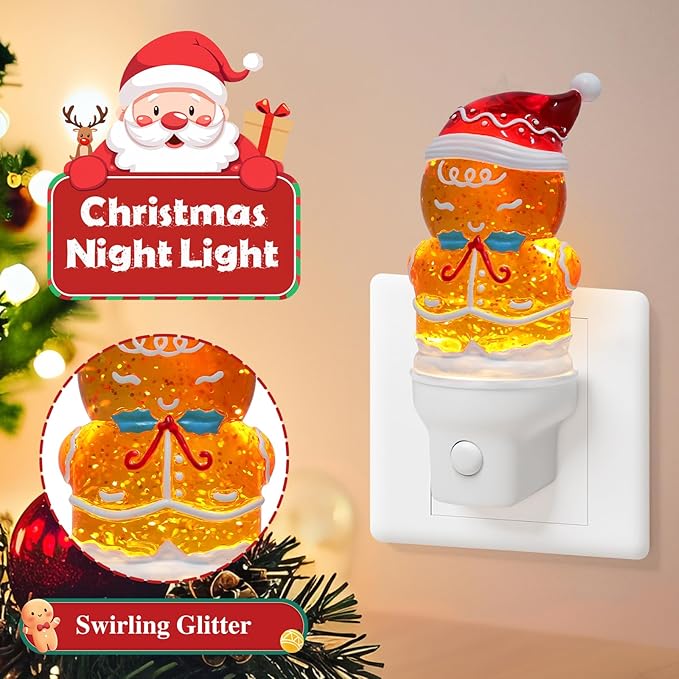 2 Pack Christmas Night Light Plug into Wall Glitter Water Nightlight with USB/Outlet Options, Christmas Gingerbread Decorative Nightlight for Bedroom Kitchen Holiday Decorations Gifts (Gingerbread)